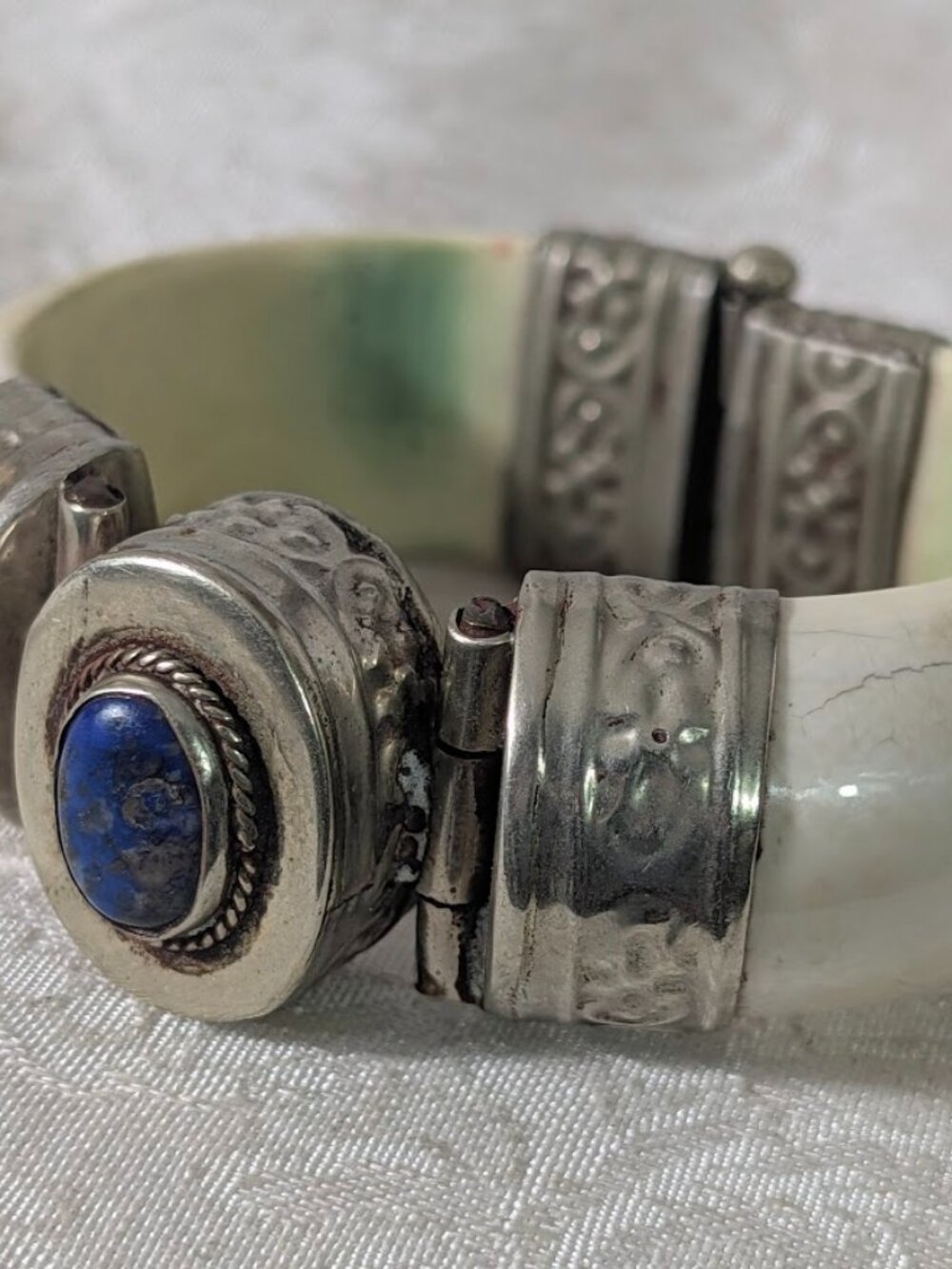 Bone Silver & Lapis Hinged Cuff Bangle Bracelet Vintage